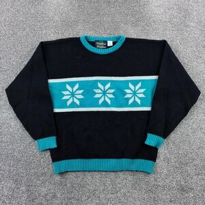 Vintage Weather Breaker Sweater Mens Large Black Teal Snowflake Knit 90s Retro